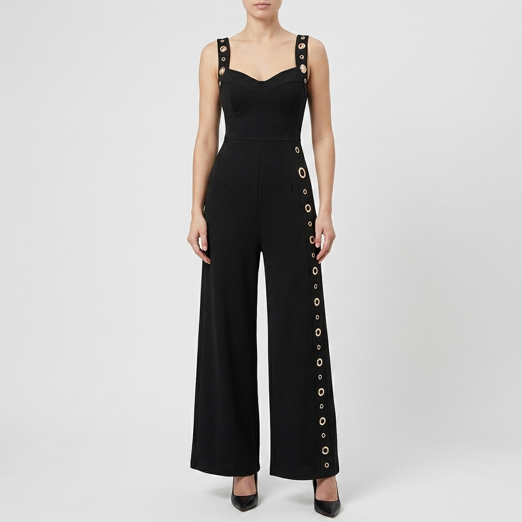 Combinaison Femme Sans Manches Jambe Large Détail Œillets Élégante
