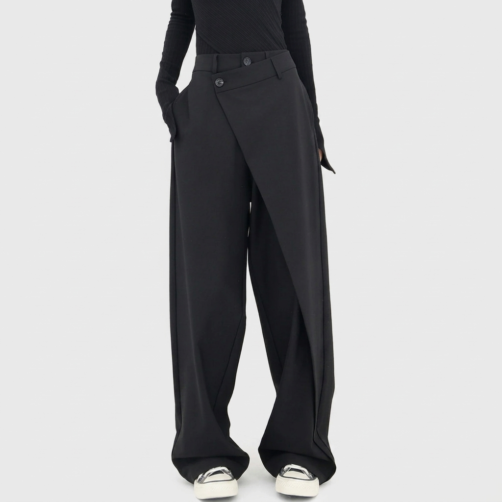 Pantalon Femme Jambe Large Asymétrique Taille Haute Élégant
