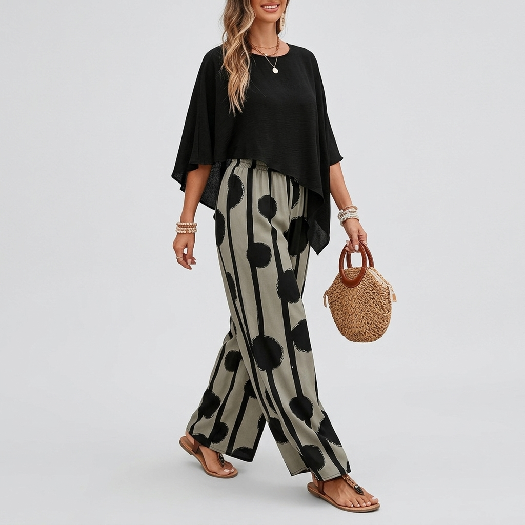 Ensemble Femme Deux Pièces Top Asymétrique Pantalon Large Chic Décontracté
