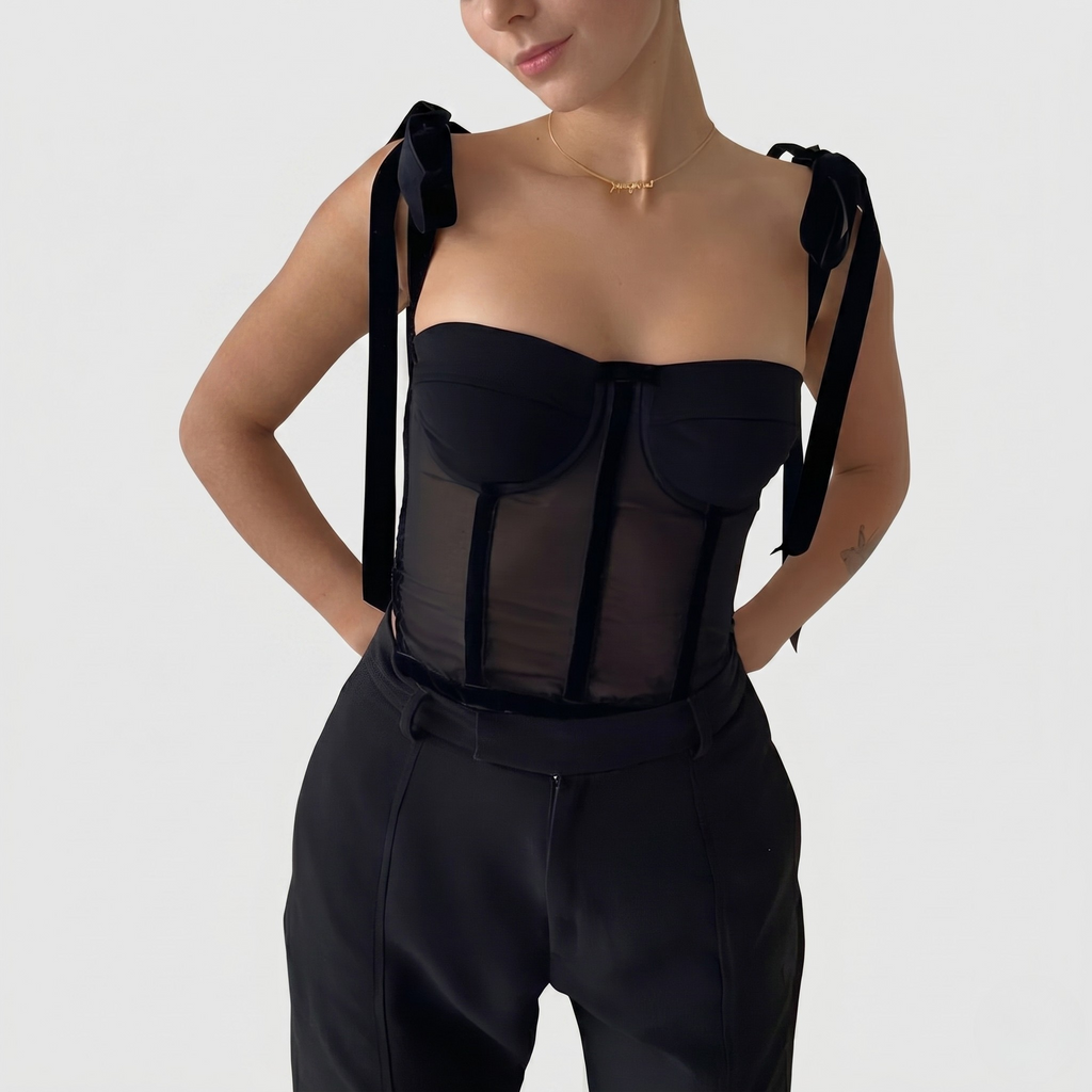 Haut Corset Femme avec Détails Transparence Bretelles à Nouer Coupe Ajustée Élégante