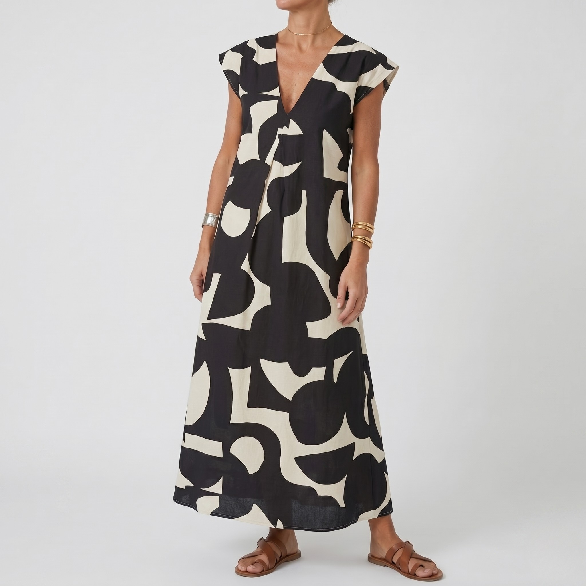 Robe Longue Imprimée Col V Femme Robe Été Élégante et Décontractée