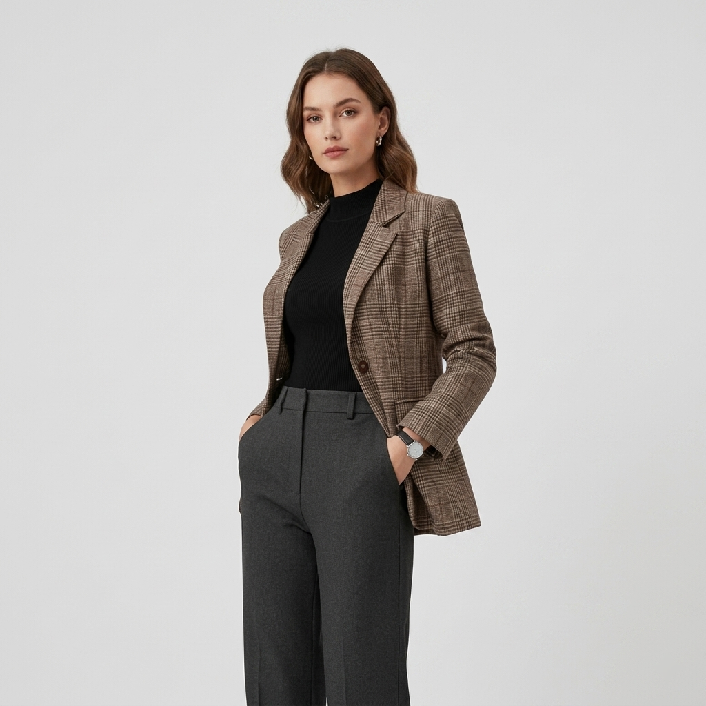 Blazer Femme à Carreaux Veste Élégante Cintrée Bouton Unique