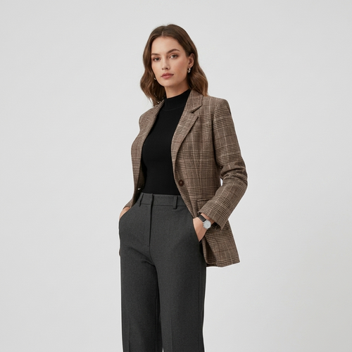 Blazer Femme à Carreaux Veste Élégante Cintrée Bouton Unique