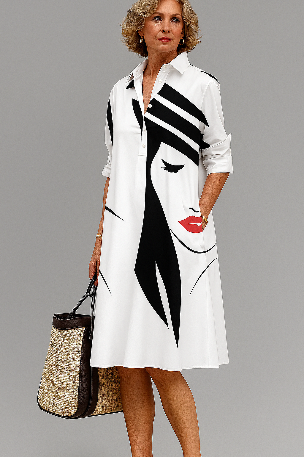 Robe Chemise Longue avec Imprimé Artistique et Col Revers pour Femme