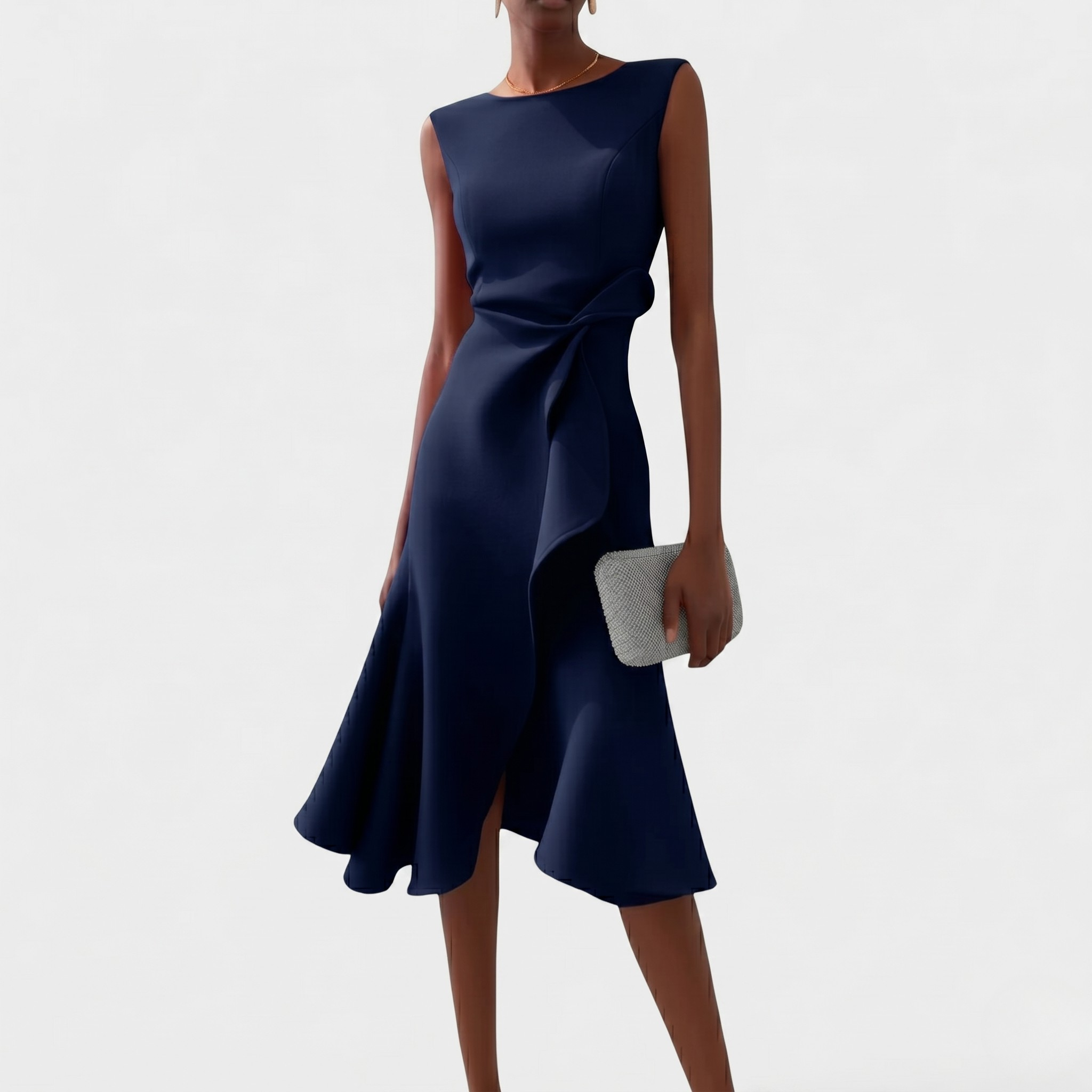 Robe Midi Asymétrique Drapée Femme Élégante Sans Manches Fluide