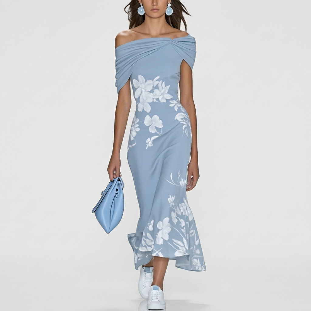 Robe Midi Élégante Femme Robe Fleurie Épaules Dénudées Été