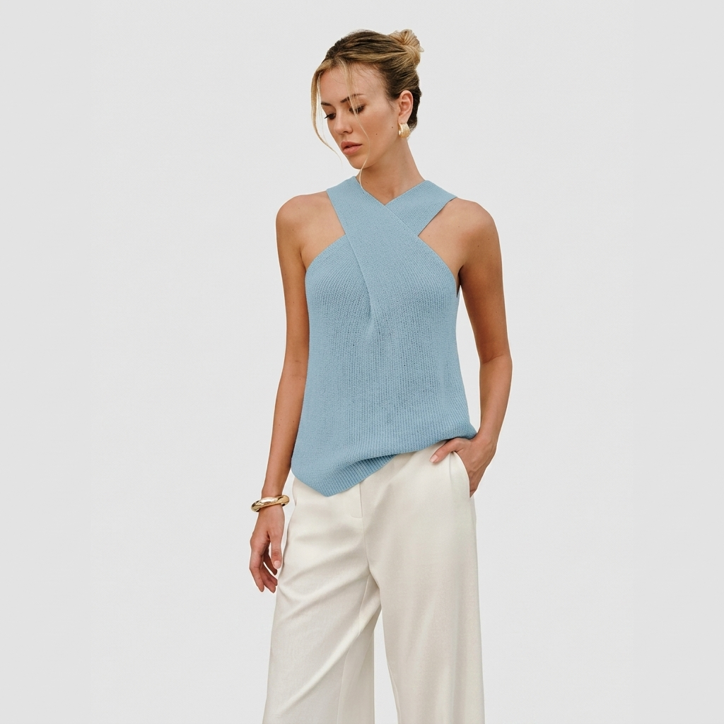 Haut Femme Col Halter Croisé Sans Manches Élégant d’Été
