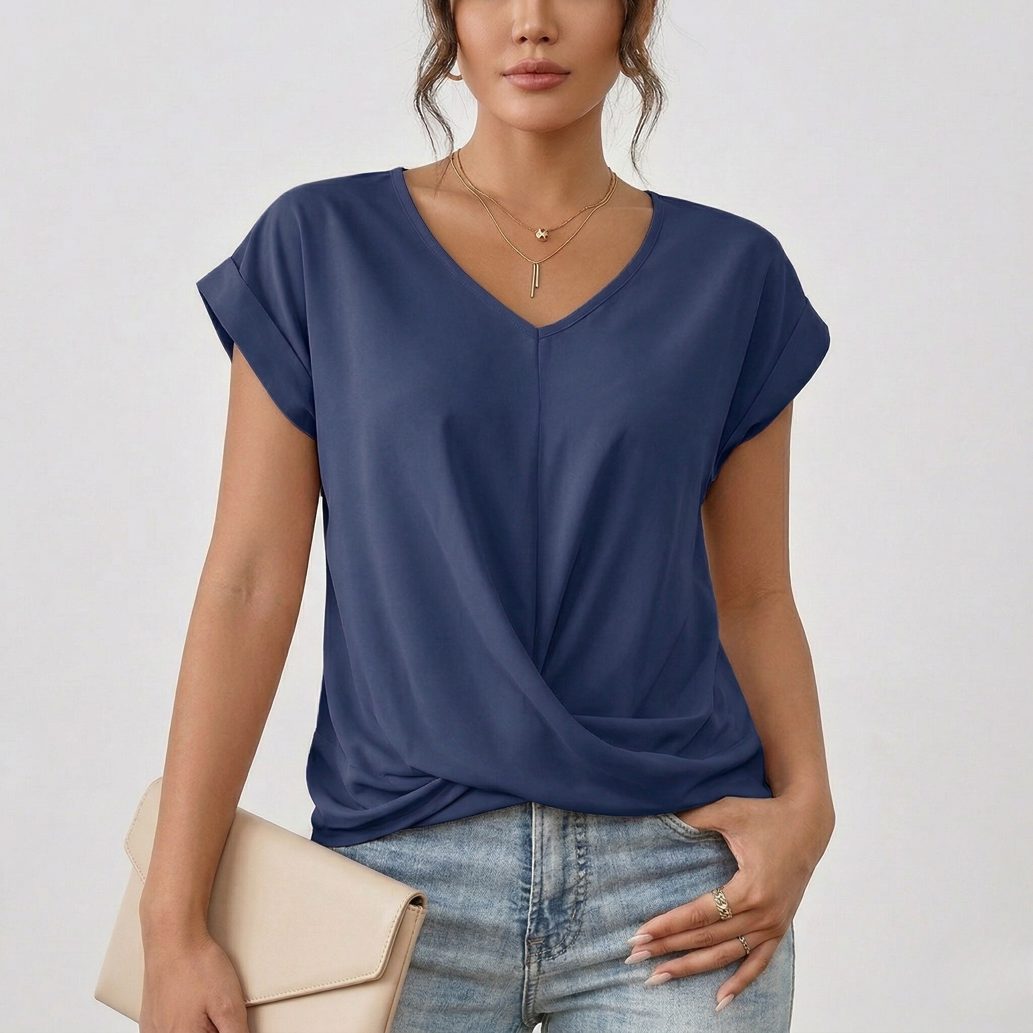 T Shirt Femme Col V Détail Croisé Style Décontracté Quotidien