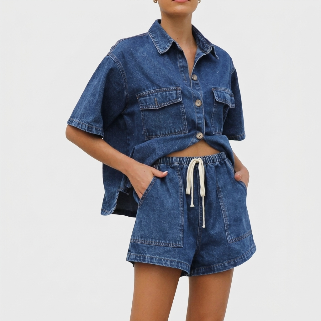 Ensemble Femme Denim Deux Pièces Chemise et Short Décontracté