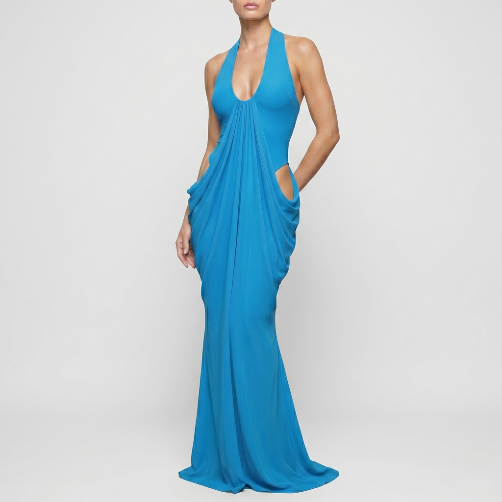 Robe Maxi Femme Col Halter Sans Manches Détail Mesh Élégante Soirée