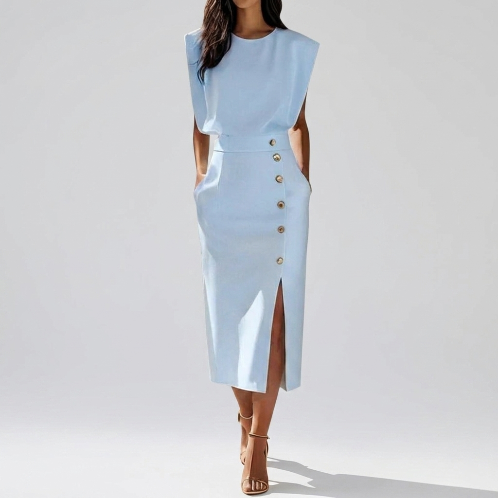 Robe Midi Femme Élégante avec Boutons Latéraux et Fente