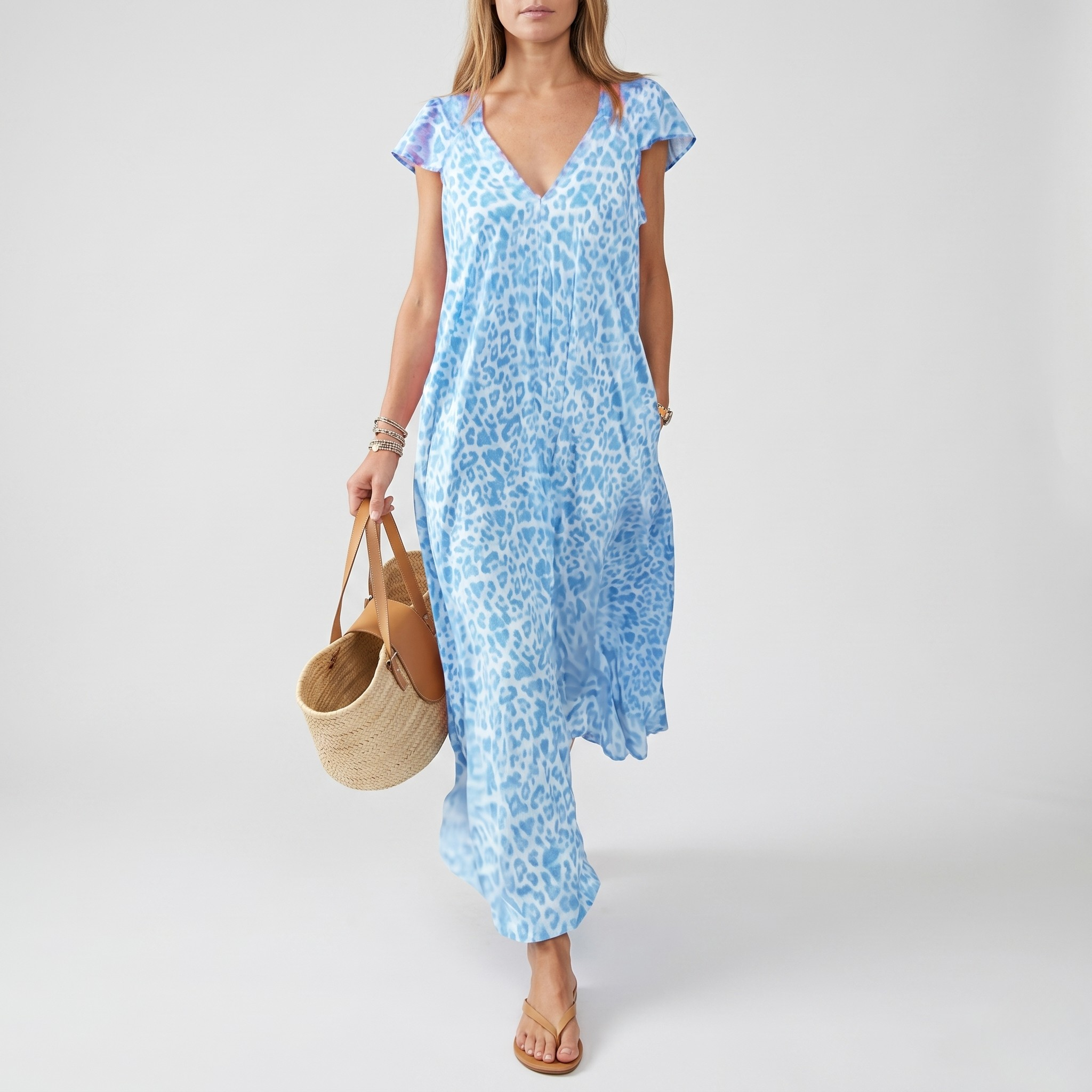 Robe Longue Imprimée Col V Femme Robe Maxi Été à Manches Courtes