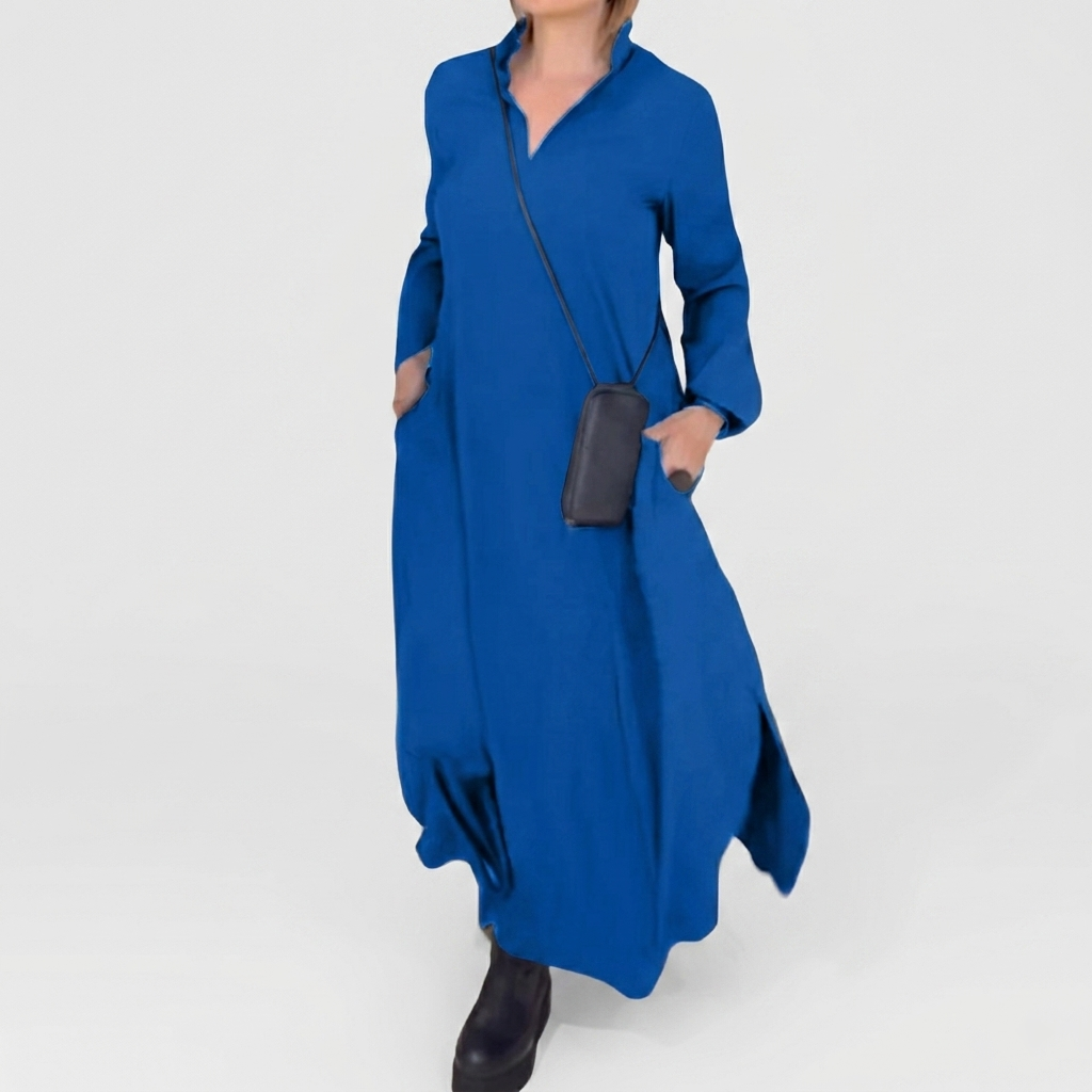 Robe Maxi Femme Fluide Robe Élégante Manches Longues Fente Latérale