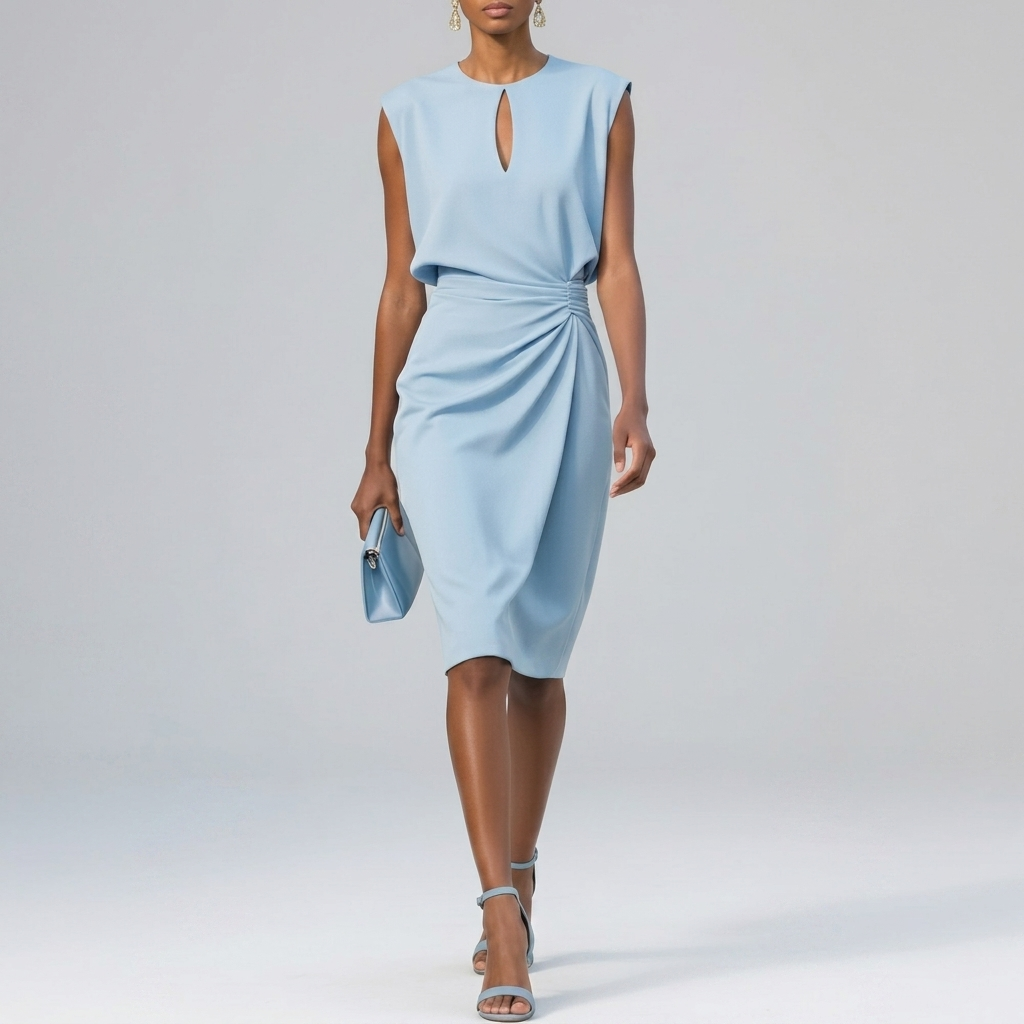 Robe Midi Femme Col Découpé Élégante Robe Moulante Froncée