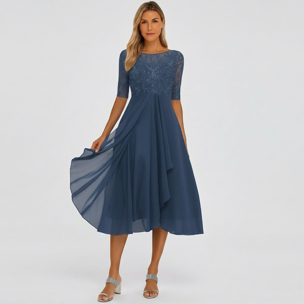 Robe Midi Femme Élégante Coupe A Robe Fluide Dentelle Habillée