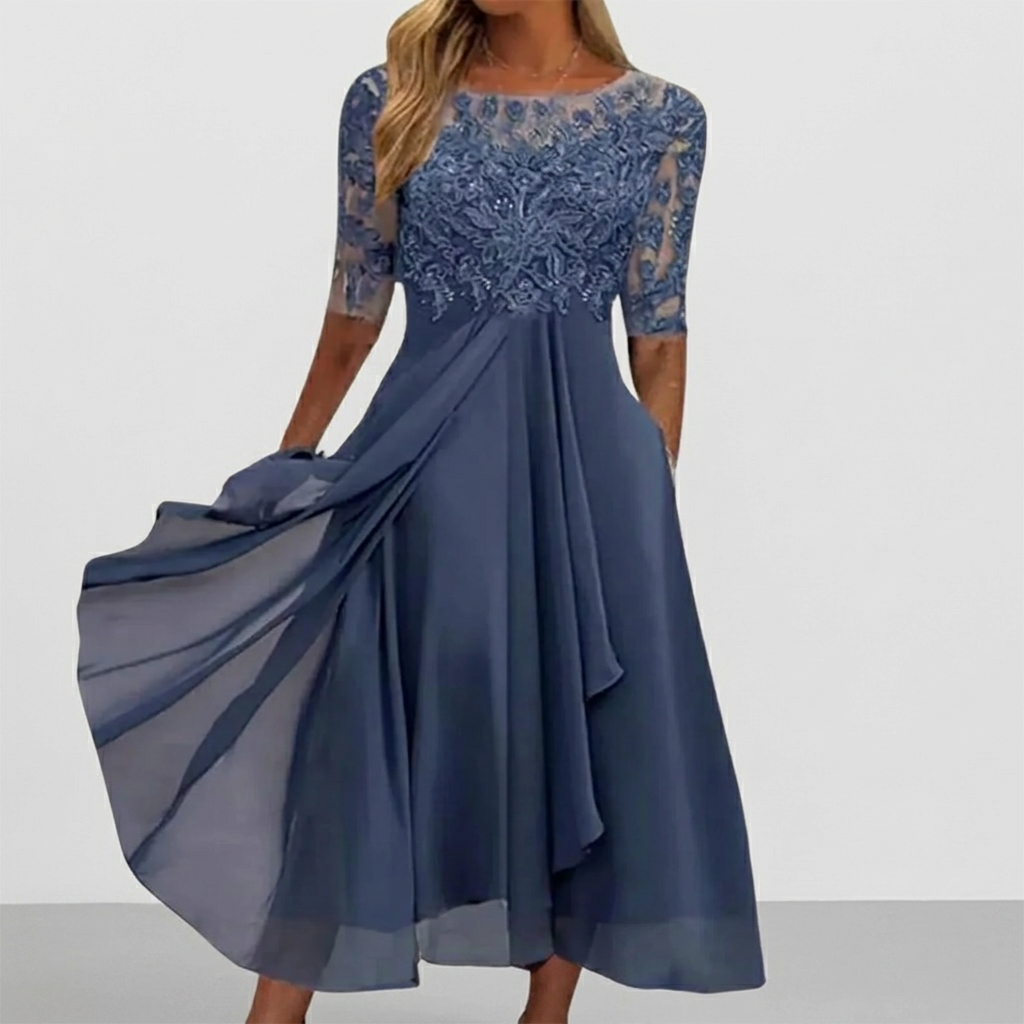 Robe Femme Élégante Dentelle Robe Midi Fluide Habillée