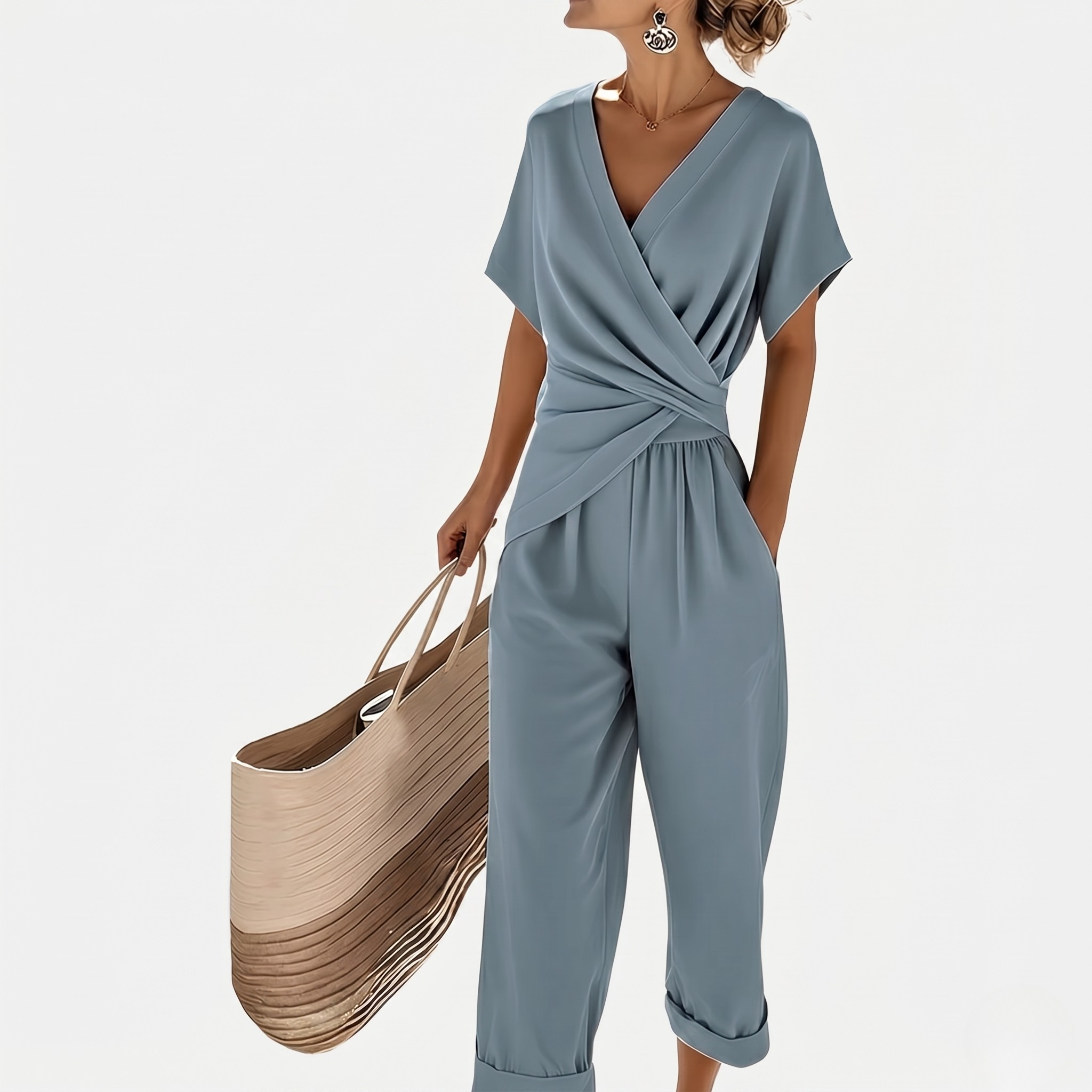 Combinaison Femme Style Cache-Cœur Élégante Coupe Ample Décontractée Chic