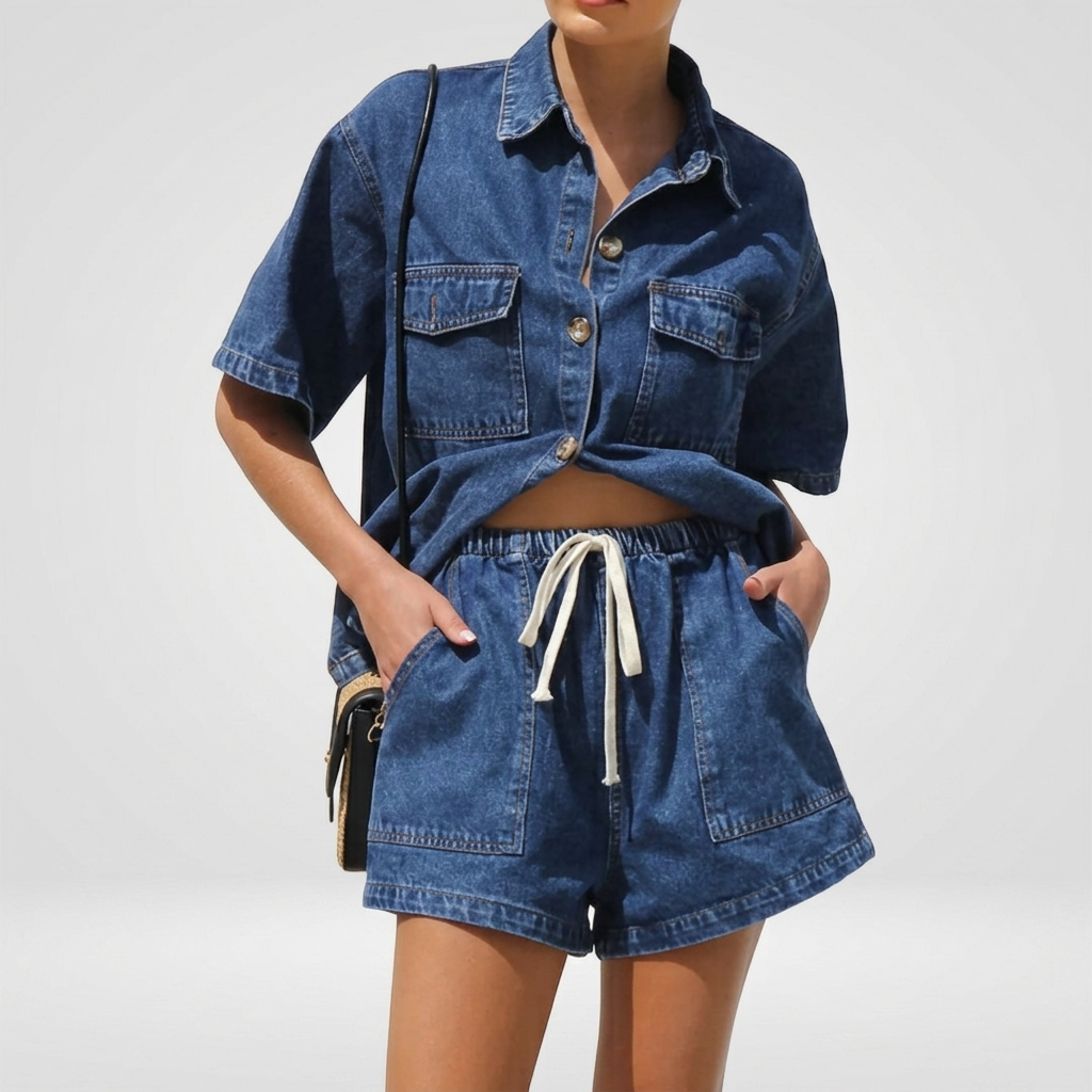 Ensemble Femme Denim Deux Pièces Chemise et Short Décontracté