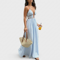 Robe Maxi Femme Rayée Col Halter Sans Manches Col V Élégante d’Été