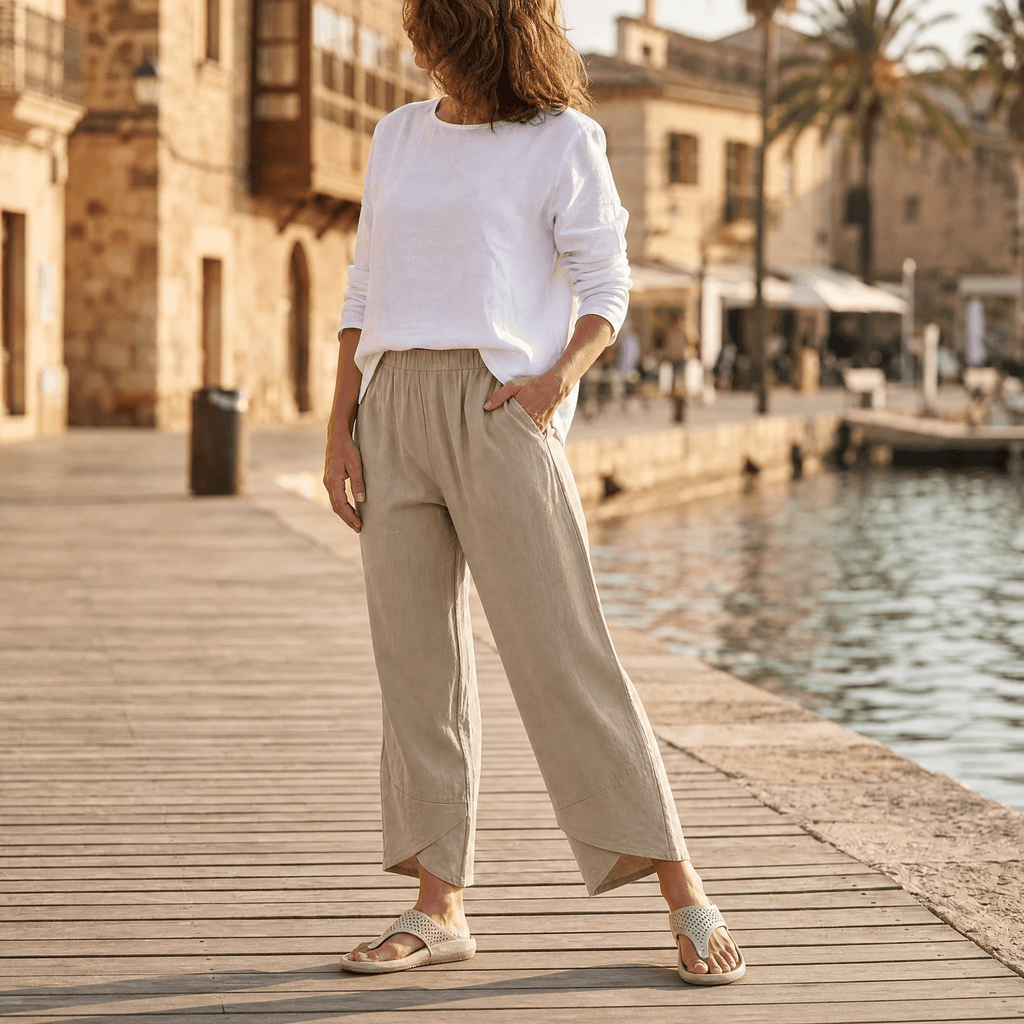 Brezia – Pantalon court en mélange de lin asymétrique pour femmes