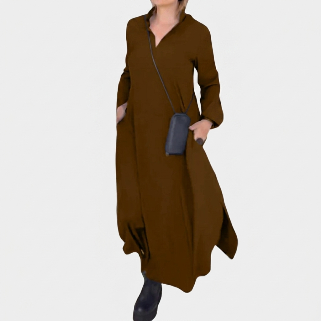Robe Maxi Femme Fluide Robe Élégante Manches Longues Fente Latérale