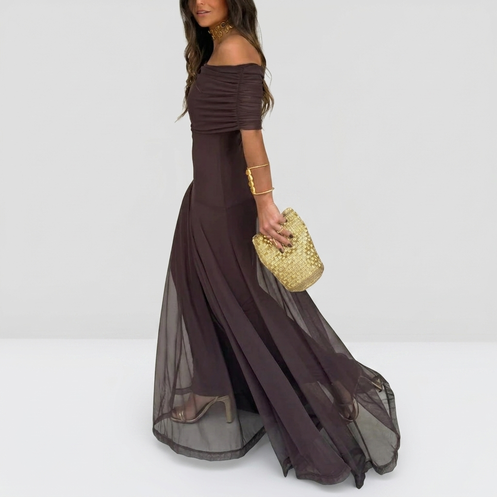 Robe Maxi Mousseline Épaules Dénudées Femme Robe Élégante Fluide Été