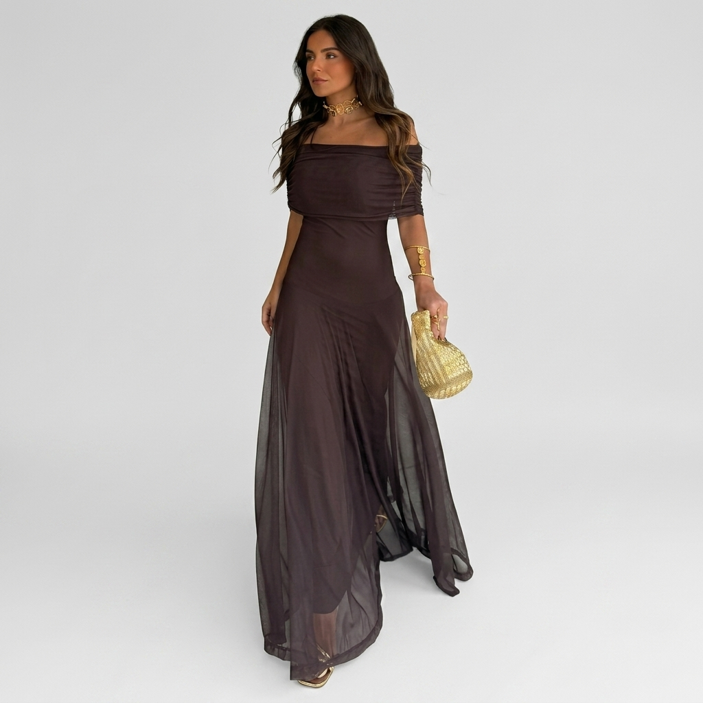 Robe Maxi Mousseline Épaules Dénudées Femme Robe Élégante Fluide Été