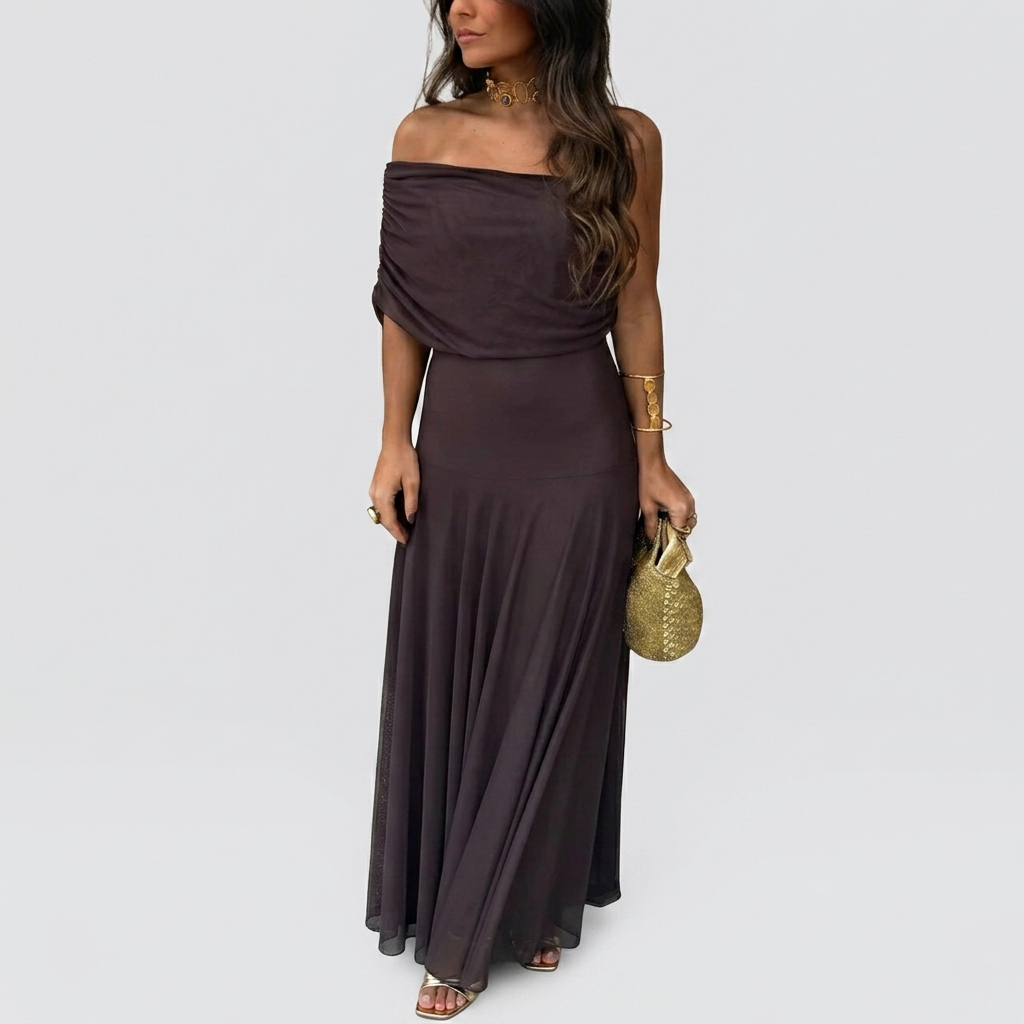 Robe Maxi Mousseline Épaules Dénudées Femme Robe Élégante Fluide Été