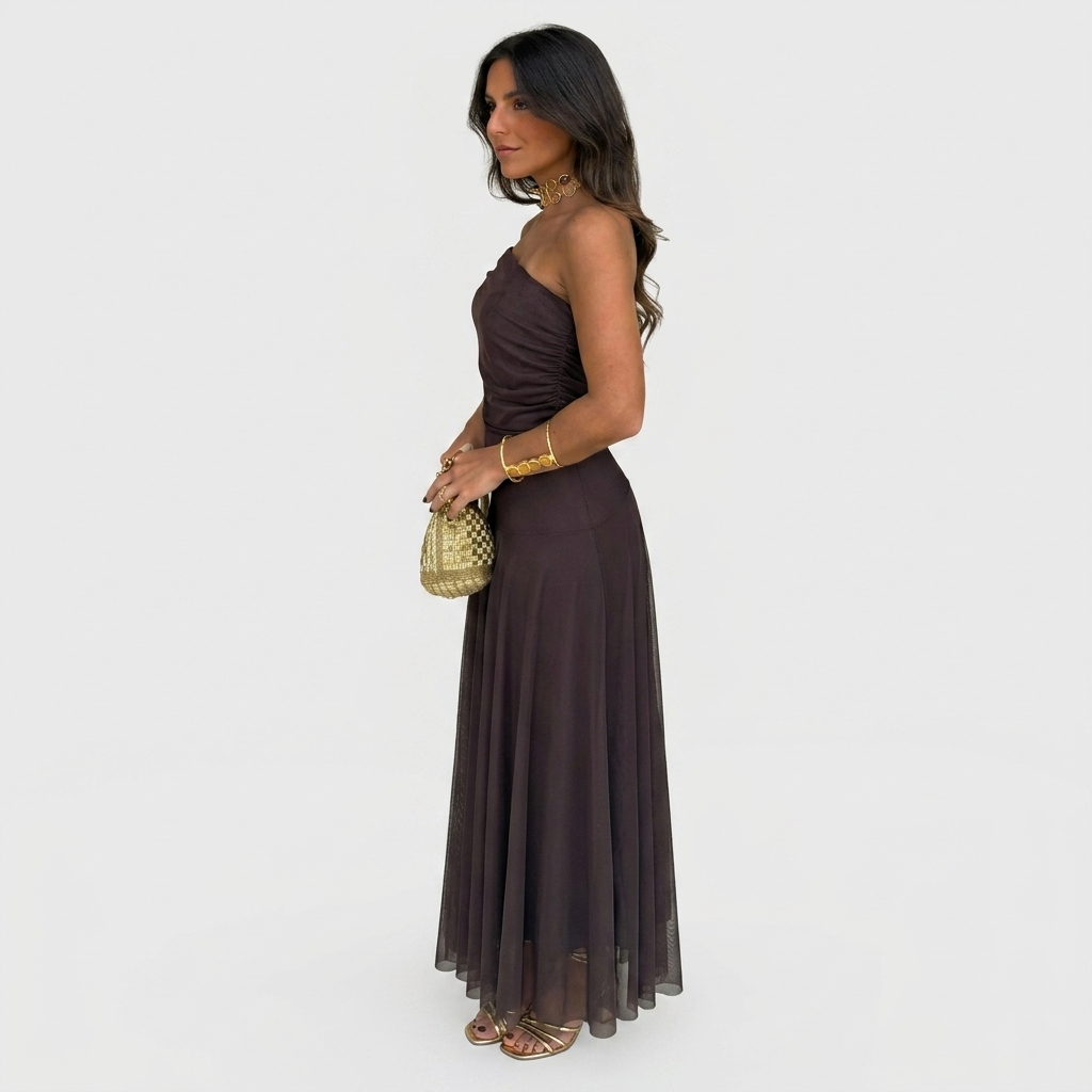 Robe Maxi Mousseline Épaules Dénudées Femme Robe Élégante Fluide Été