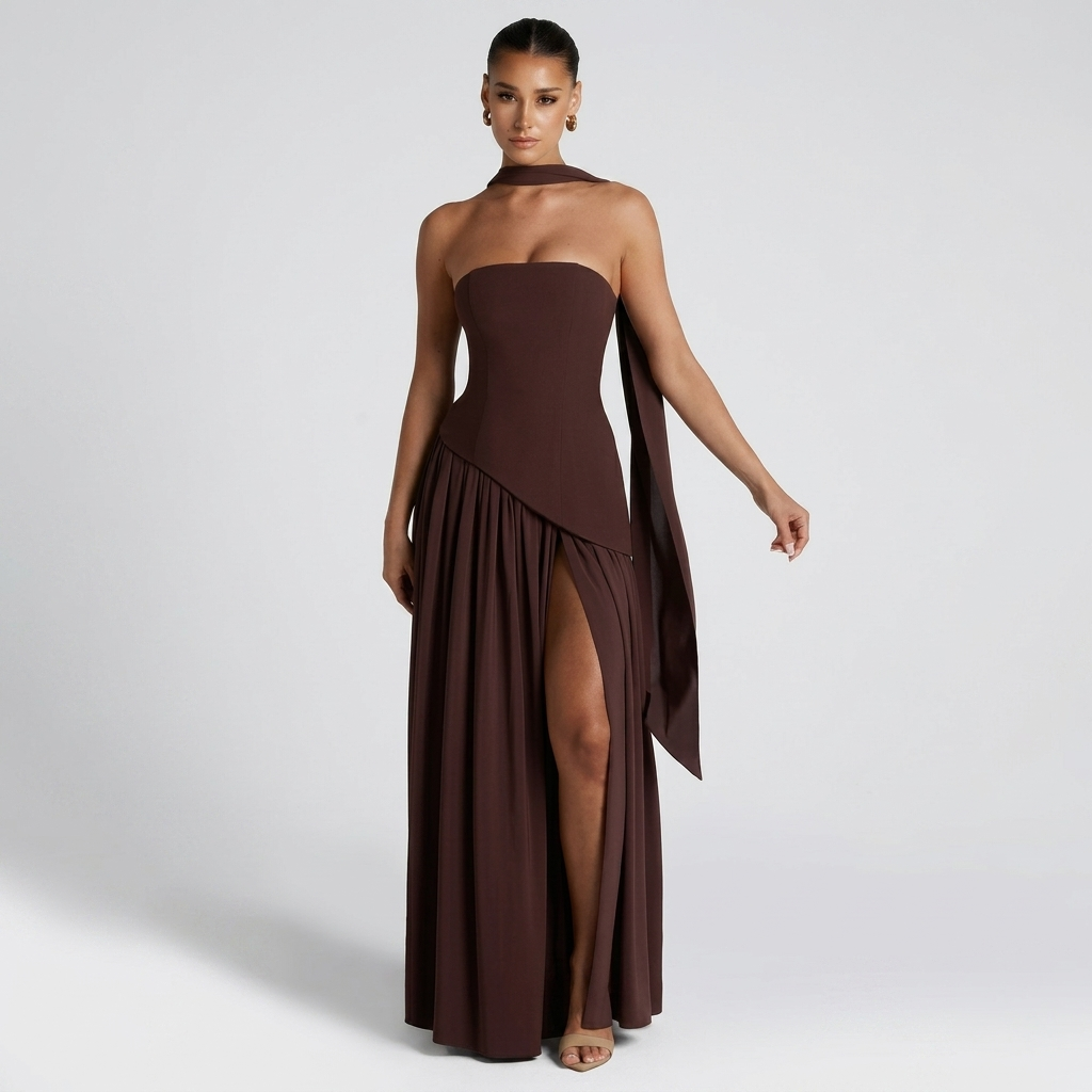 Robe Maxi Bustier Femme Élégante Robe de Soirée Fendue Style Formelle