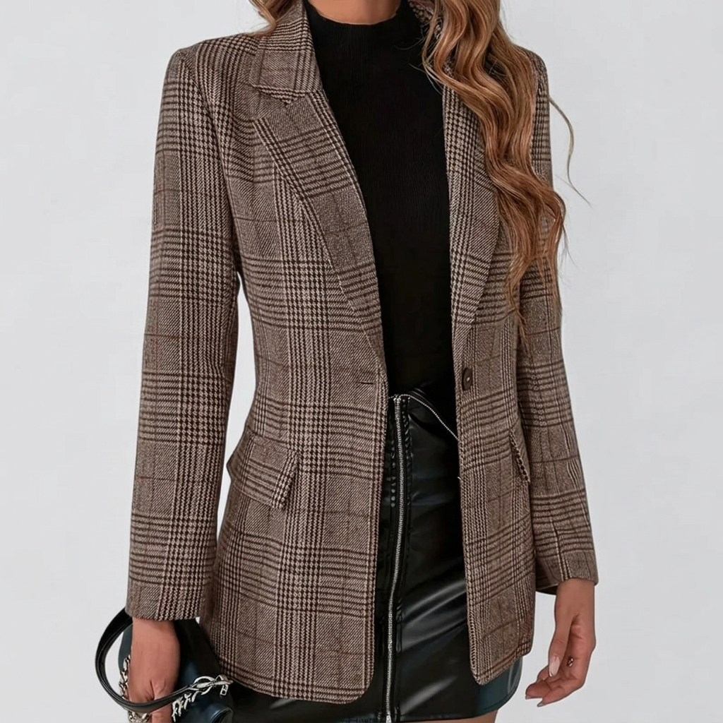 Blazer Femme à Carreaux Veste Élégante Cintrée Bouton Unique