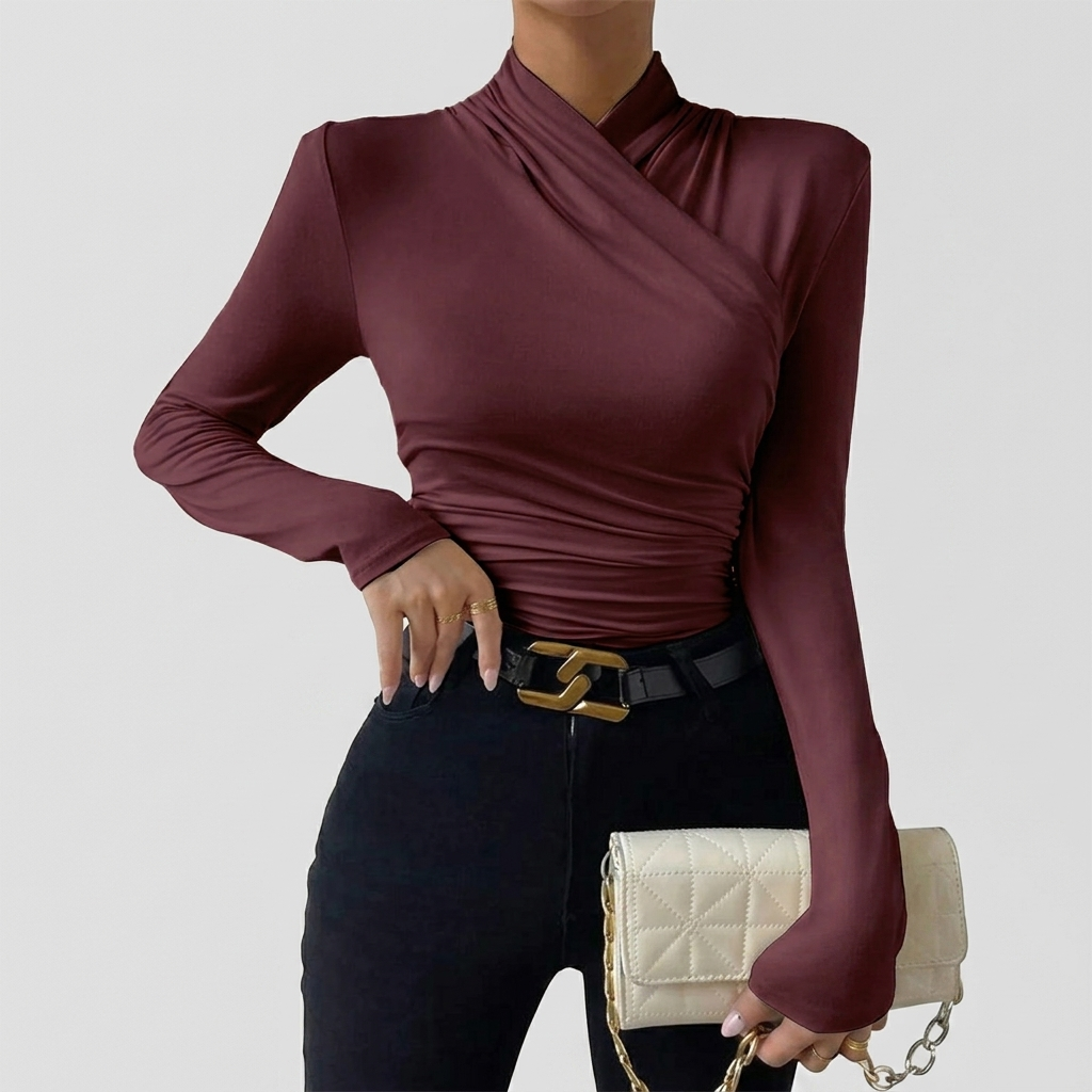 Top Femme Croisé Manches Longues Blouse Élégante Froncée Ajustée