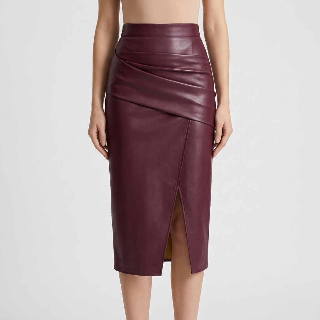 Jupe Midi Femme Froncée avec Fente Taille Haute Coupe Ajustée Élégante