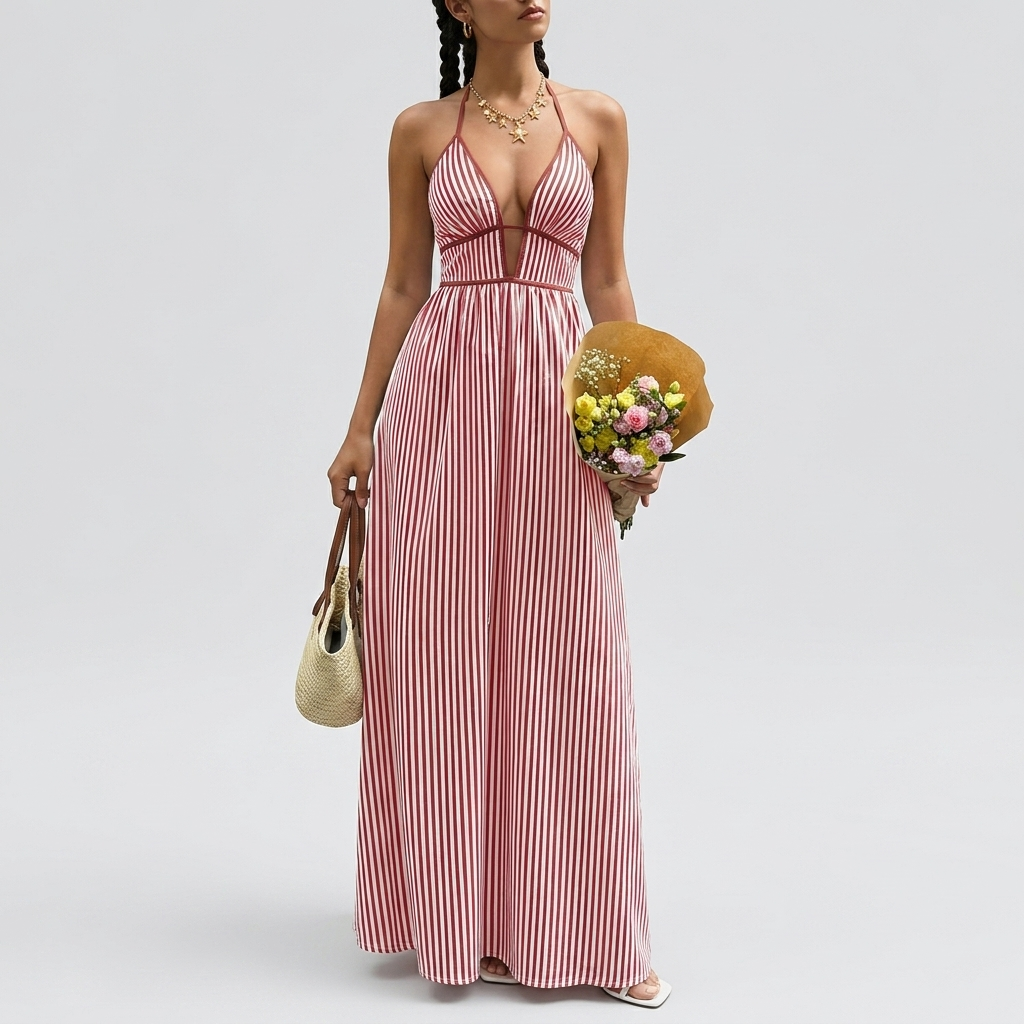 Robe Maxi Femme Rayée Col Halter Sans Manches Col V Élégante d’Été