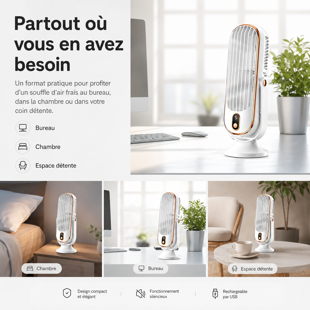 Ventilateur de Refroidissement AeroLux Elite | Double Moteur, Rotation à 720°, Rechargeable par USB & Ultra Silencieux pour un Confort Ultime Partout