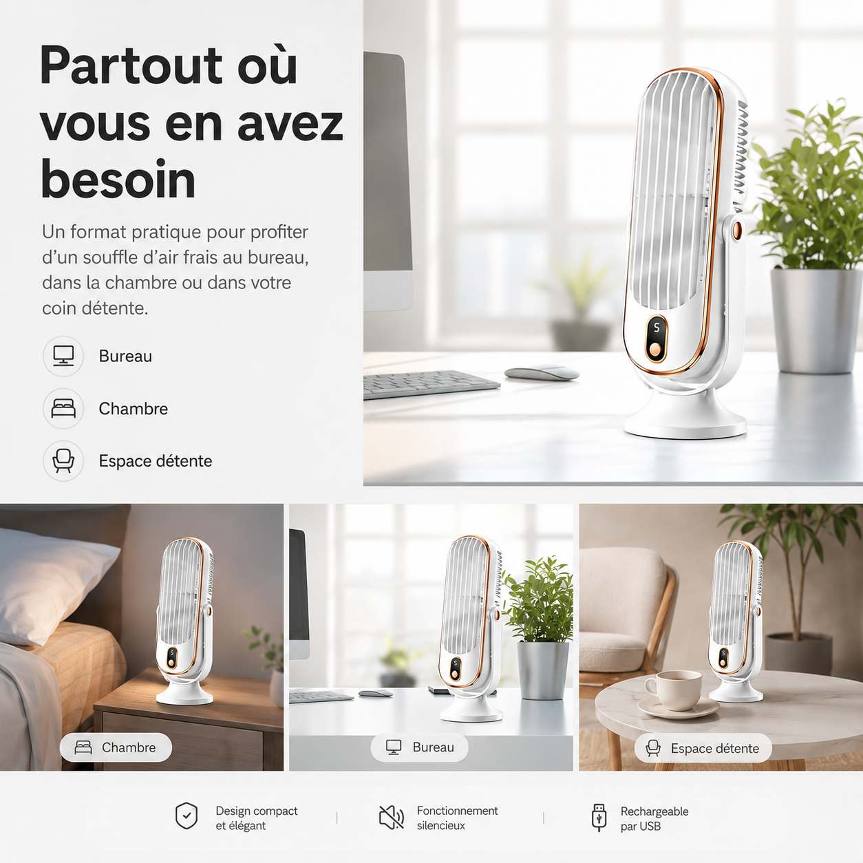 Ventilateur de Refroidissement AeroLux Elite | Double Moteur, Rotation à 720°, Rechargeable par USB & Ultra Silencieux pour un Confort Ultime Partout