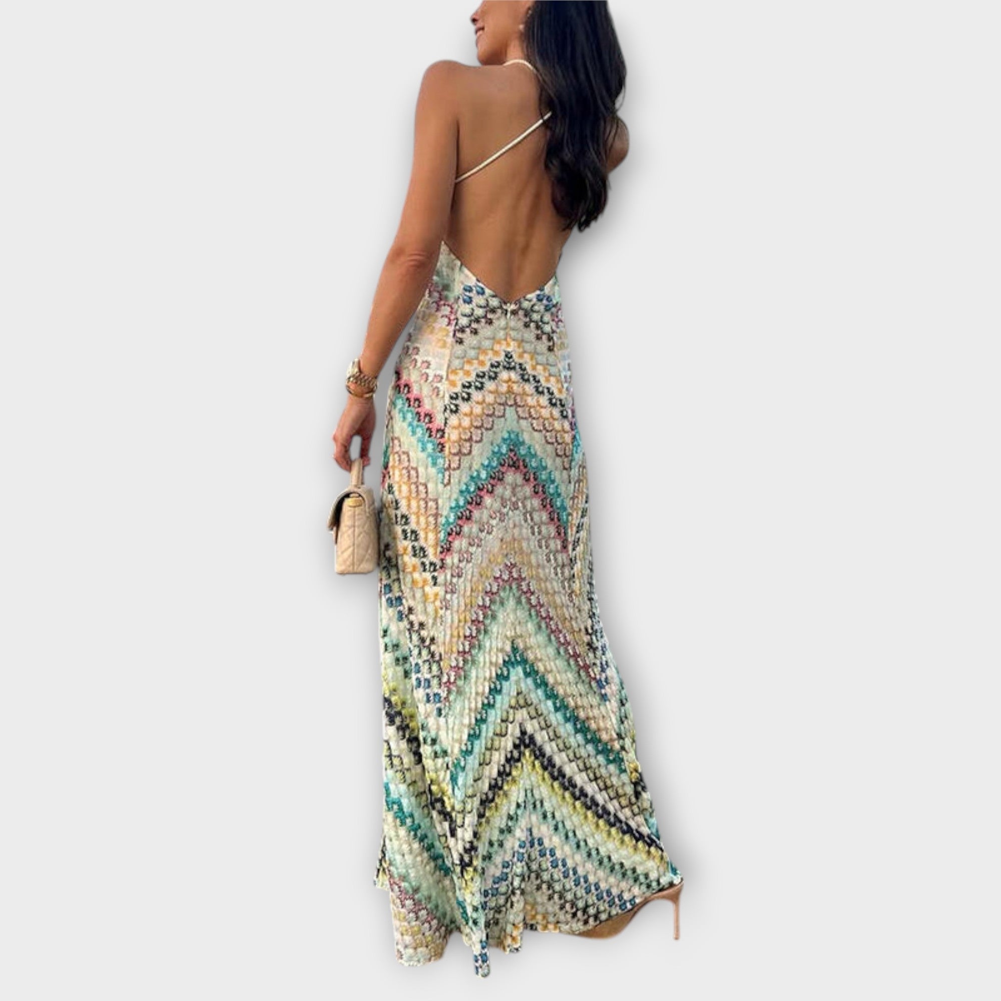 Robe Longue en Tricot avec Imprimé Zigzag et Décolleté en V Profond