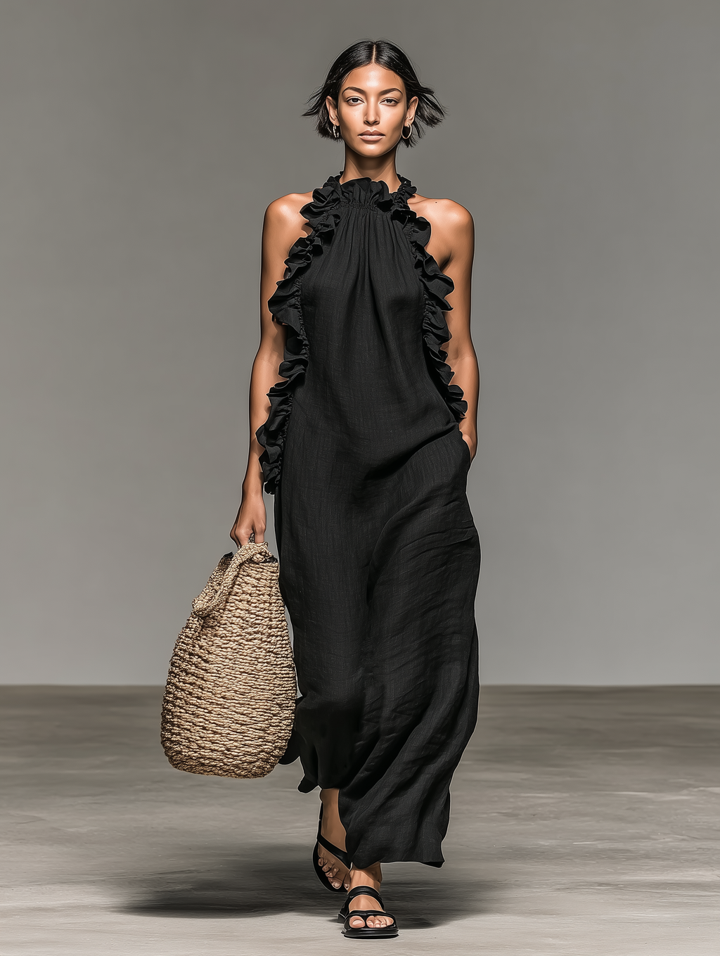 Alebia | Robe maxi sans manches en mélange de lin avec volants