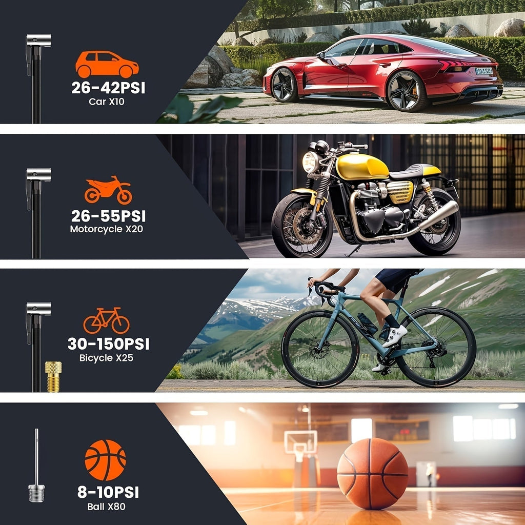Compresseur d'air portable avec écran LCD et lumière LED – Gonfleur 150 PSI pour voitures, vélos et équipements de sport