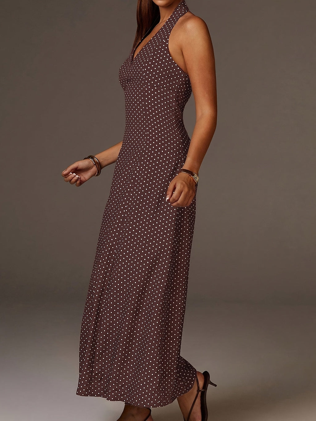 Robe Maxi à Pois avec Col Halter et Décolleté en V Profond pour Femme
