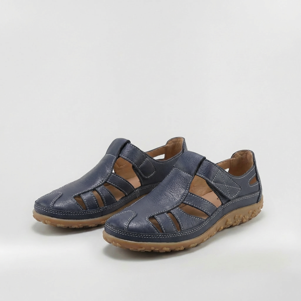 Sandales Fermées pour Femme Chaussures en Cuir avec Bandes et Semelle Très Confortable