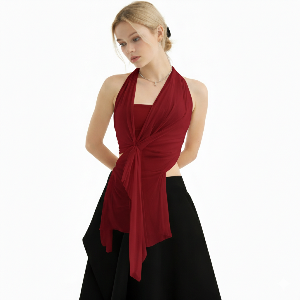 Top transparent à col halter drapé