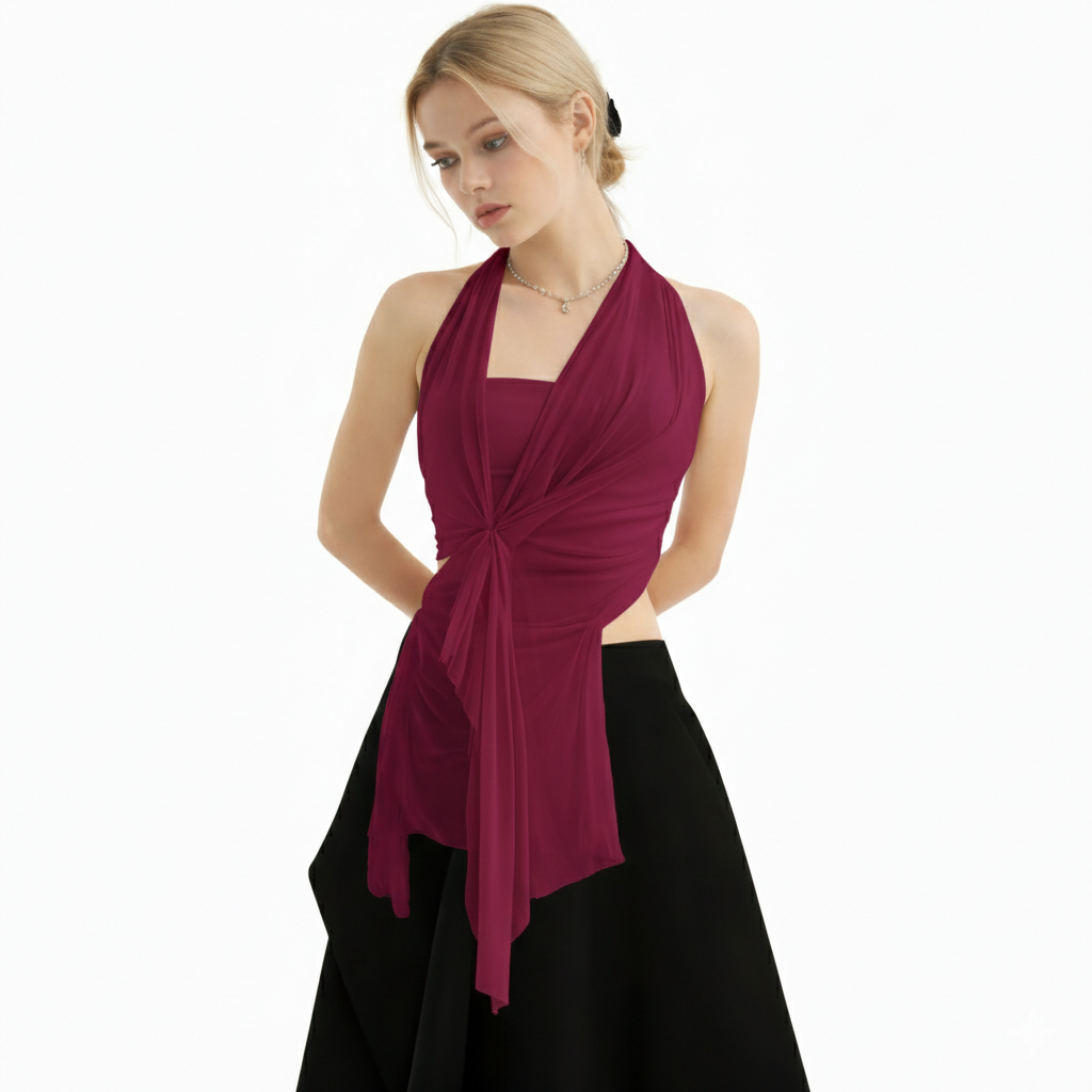 Top transparent à col halter drapé