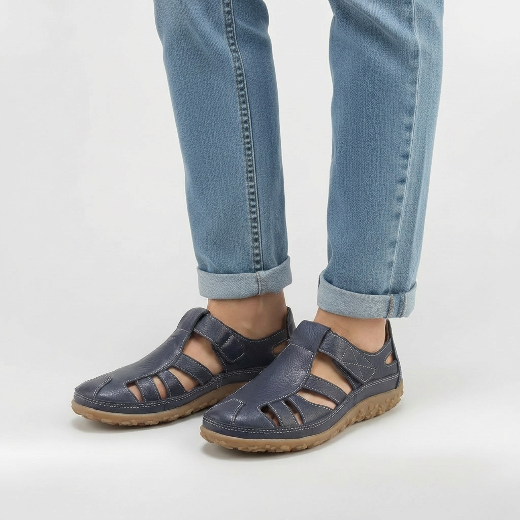 Sandales Fermées pour Femme Chaussures en Cuir avec Bandes et Semelle Très Confortable