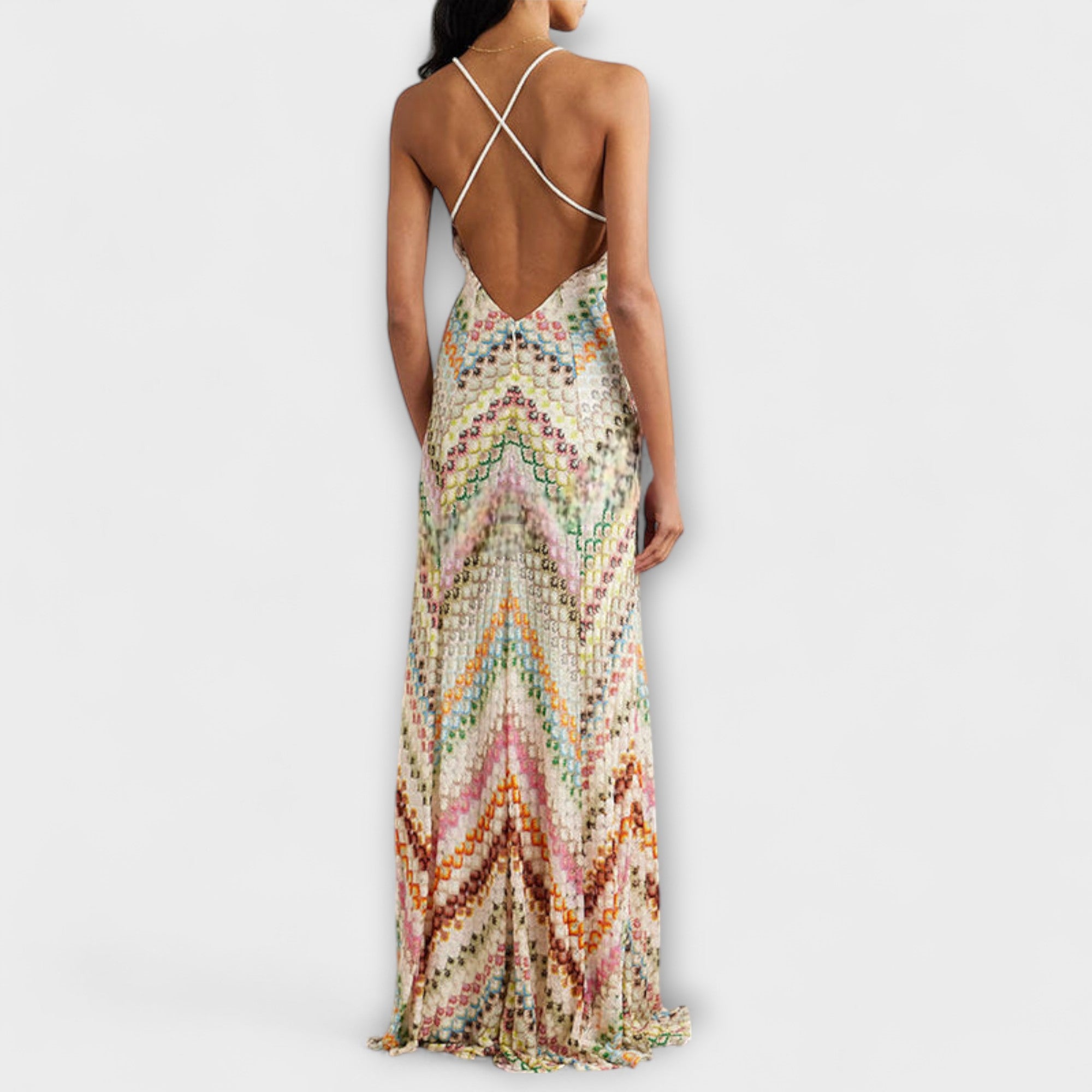 Robe Longue en Tricot avec Imprimé Zigzag et Décolleté en V Profond