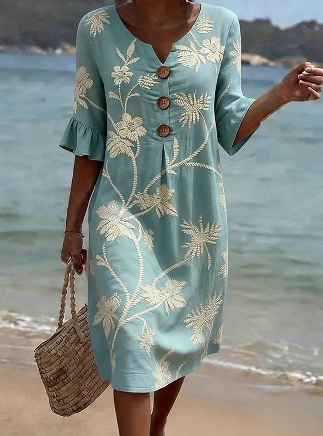 Robe pour femmes avec motif floral – robe d'été décontractée avec boutons