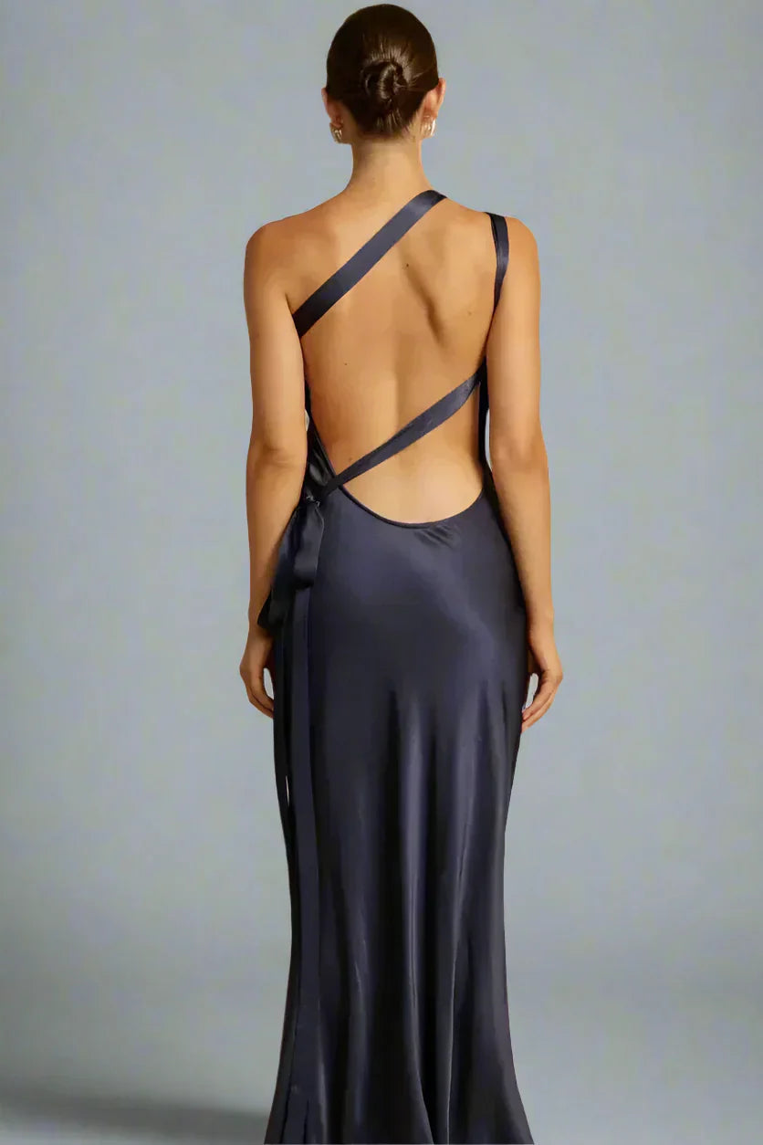 Robe de Soirée en Polyester avec Col Tombant et Design à Une Épaule