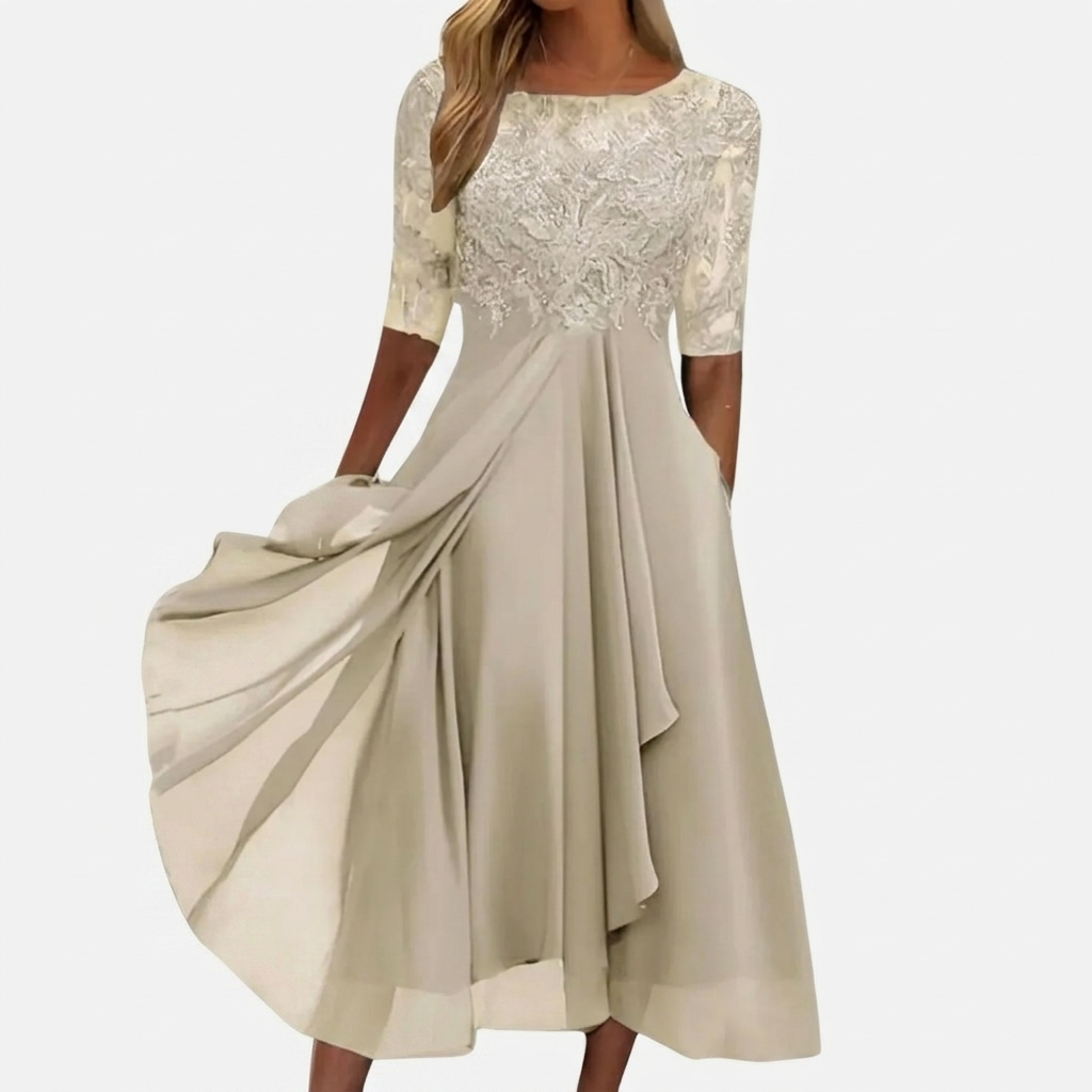 Robe Femme Élégante Dentelle Robe Midi Fluide Habillée