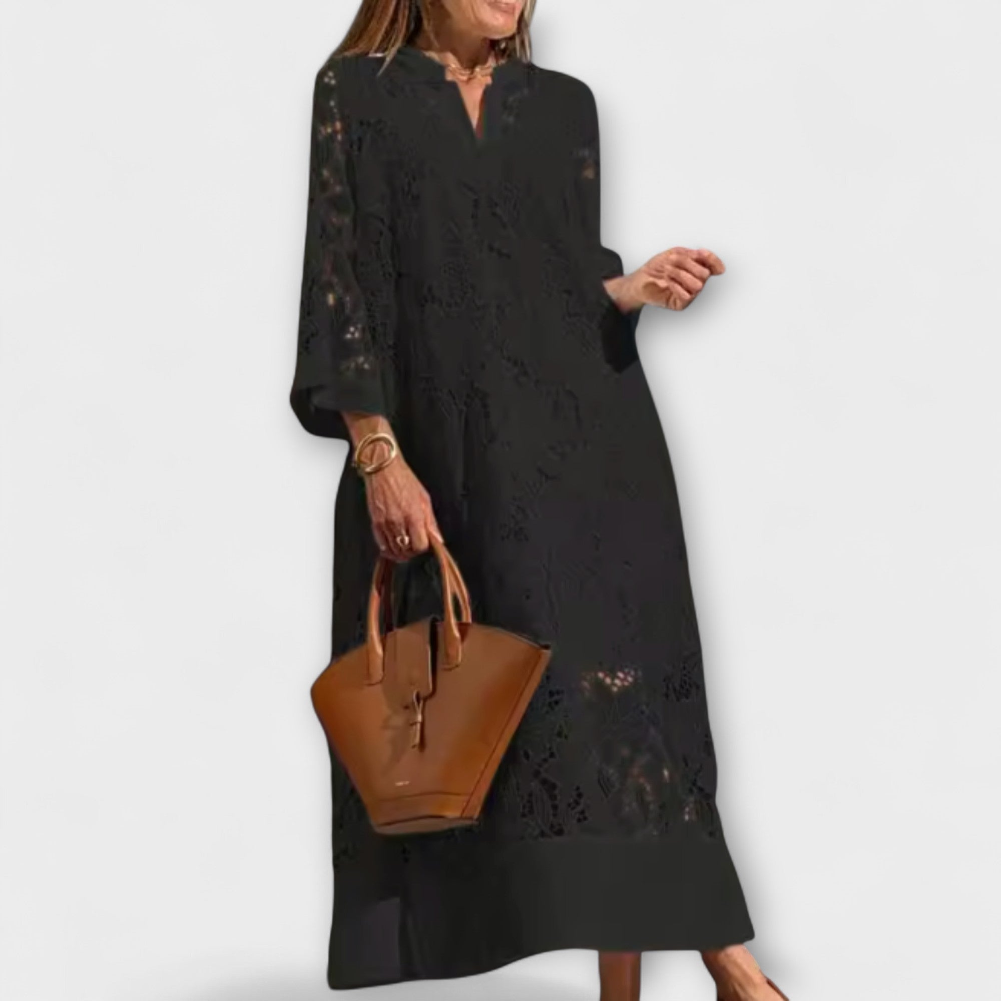 Robe Longue en Dentelle Florale avec Col en V et Manches Évasées