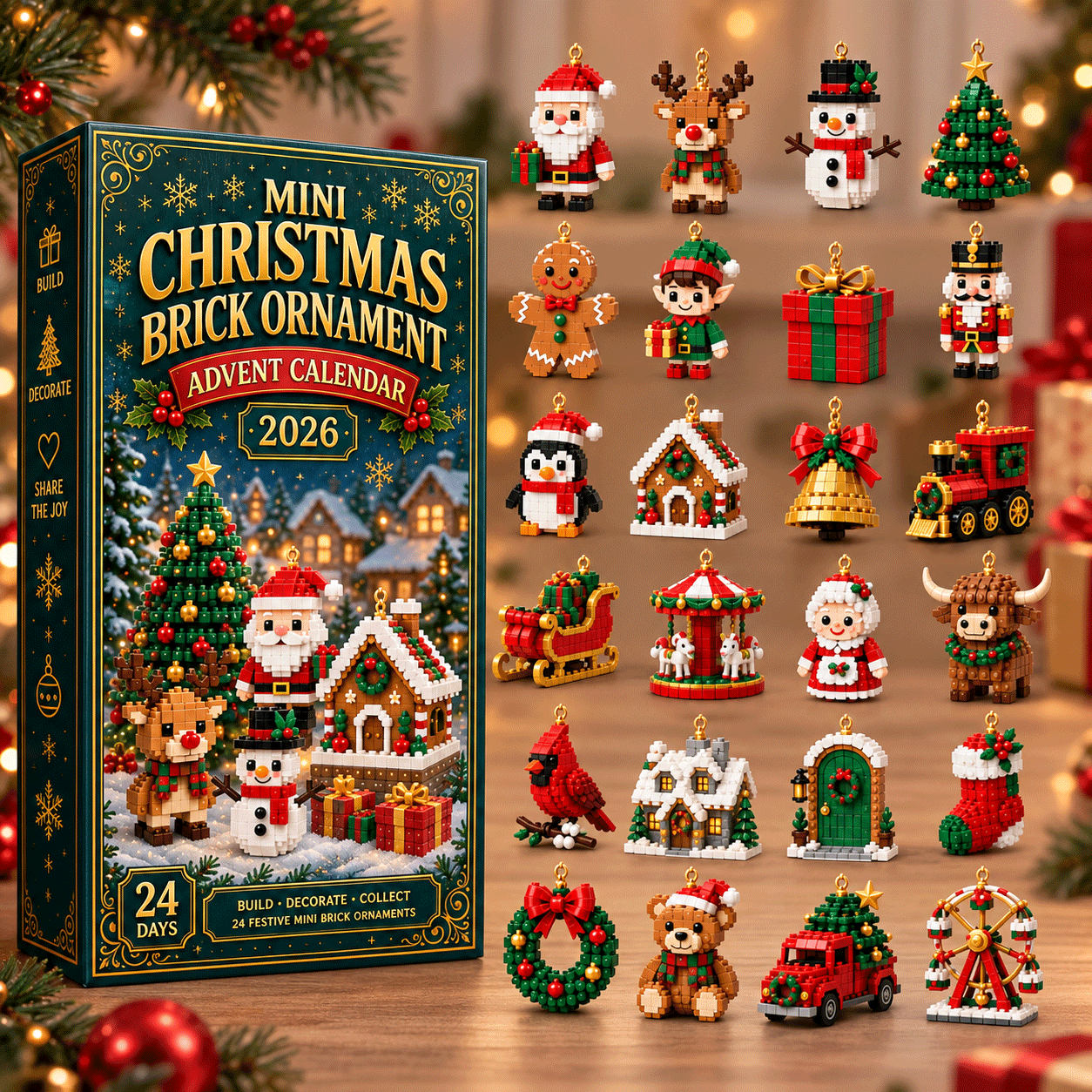 Calendrier de l'Avent Ornement de Noël – 24 Mini Kits de Construction pour Décoration de Noël